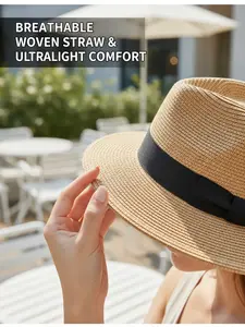 Women Boho Straw Sunhat, Casual Trendy Hat, Panama Style Bow Design, Fitted Plain Pattern, All-Season Travel Accessory, Lightweight & Breathable, Casual Outdoor Hat