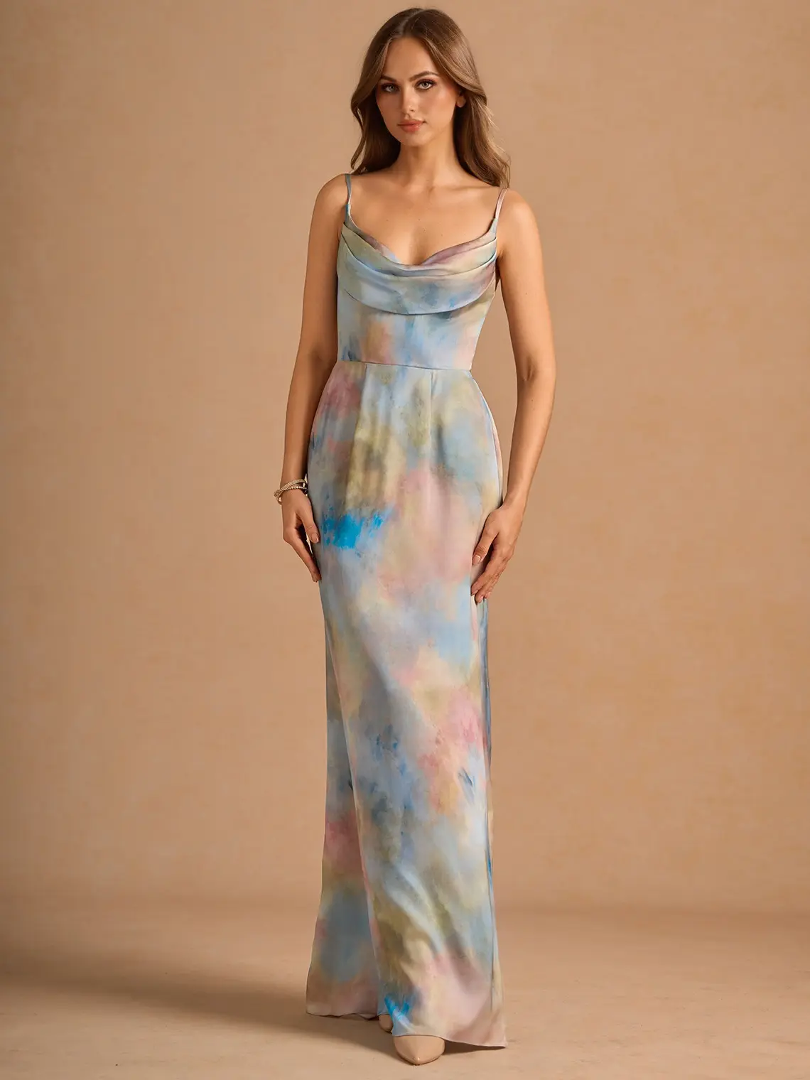AZAZIE Aimee Women's Cowl Neck Maxi Gown, Watercolor Floral Jacquard with Adjustable Spaghetti Straps for Wedding Guests, Spaghetti Strap