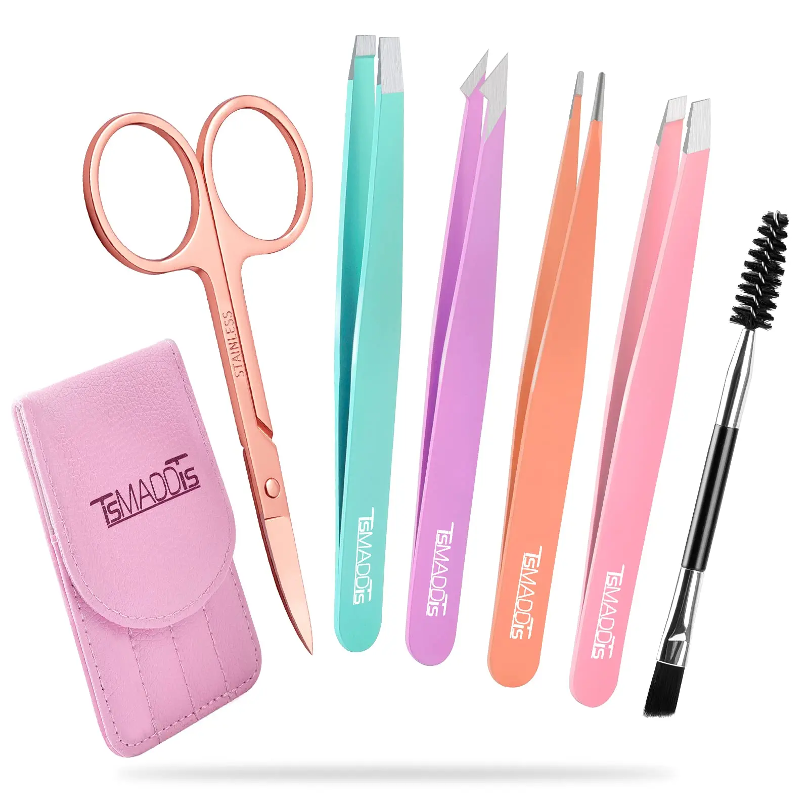 TsMADDTs Tweezers Set and Curved Scissors, Professional Stainless Steel Tweezers for Women and Men, 6 Pack Precision Tweezers For Eyebrows for Ingrown Hair, Daily Beauty Tool with Leather Travel Case