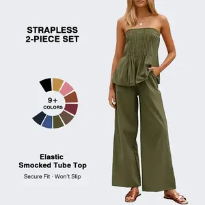 Women's two-piece summer strapless tube top, wide leg pants, cotton vacation pleated matching casual setRAIMENTRY