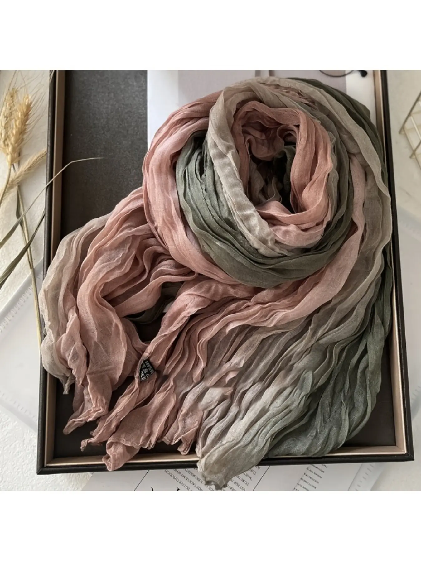New scarf with cotton and linen feel, Casual Soft Scarf, gradient blue autumn and winter scarf, vintage versatile printed women's long strip pleated shawl, Polyester Scarf