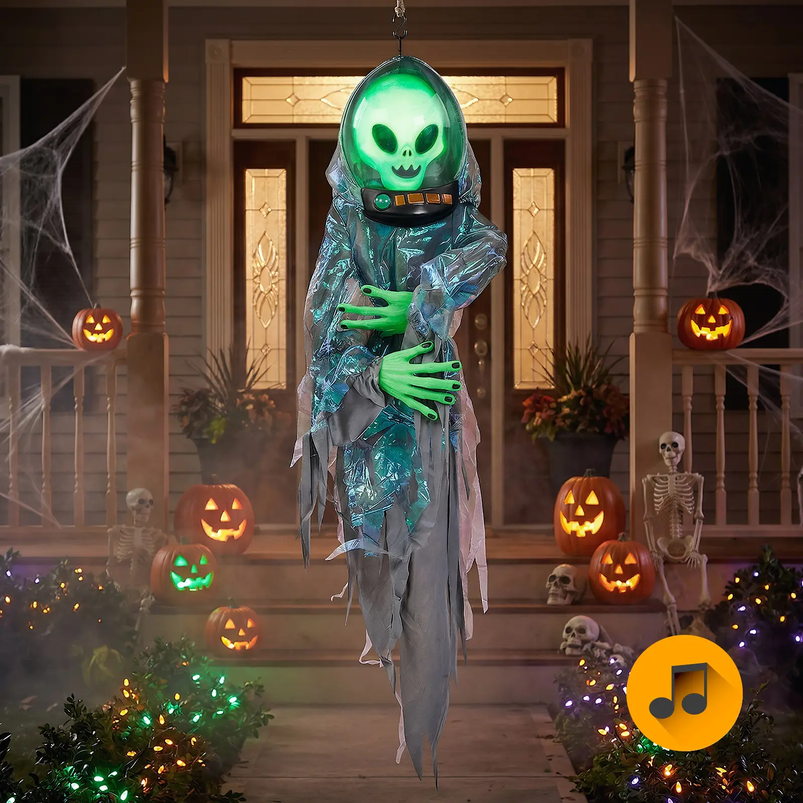 Ubesgoo 4.5ft Hanging Alien Halloween Prop - Lightweight, Sound-Activated, Glowing Green LED Head Light, White Indicator Light, Alien Language Sound Effects, Battery Operated (Batteries Not Included) for Home Decor, Trees