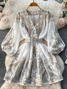 Women's Short Long-Sleeved Dress, Fashionable Chic V-Neck Bohemian Fitted Style, Geometric Printed Hem Decorative Button, Autumn Winter Resort Wear, Short Skirt, Casual Wear, Womenswear