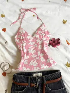 Summer Ditsy Floral Strap Top, French V-Neck Slim-Fit Crop Tank, Casual Y2K Style for All Seasons, Perfect for Dates & Vacations