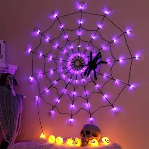 Halloween Decorations Spider Net Lights - 4ft Diameter 70 LED, Remote Control, Spider Web Outdoor Festive Halloween Decoration Spooky Ornaments Purple