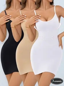 Women's Seamless Bodycon Dress Set, Shapewear, Adjustable Strap Backless Camisole Jumpsuit, Spring & Fall Casual Short Plain Skirt, 3 Piece Pack, Womenswear