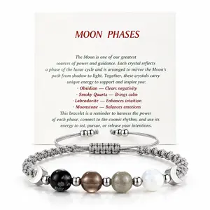 Handmade Moon Bracelet with Natural Chalcedony Beads, Adjustable Braided Cord Bracelet, Pregnancy Gift for Mom to Be