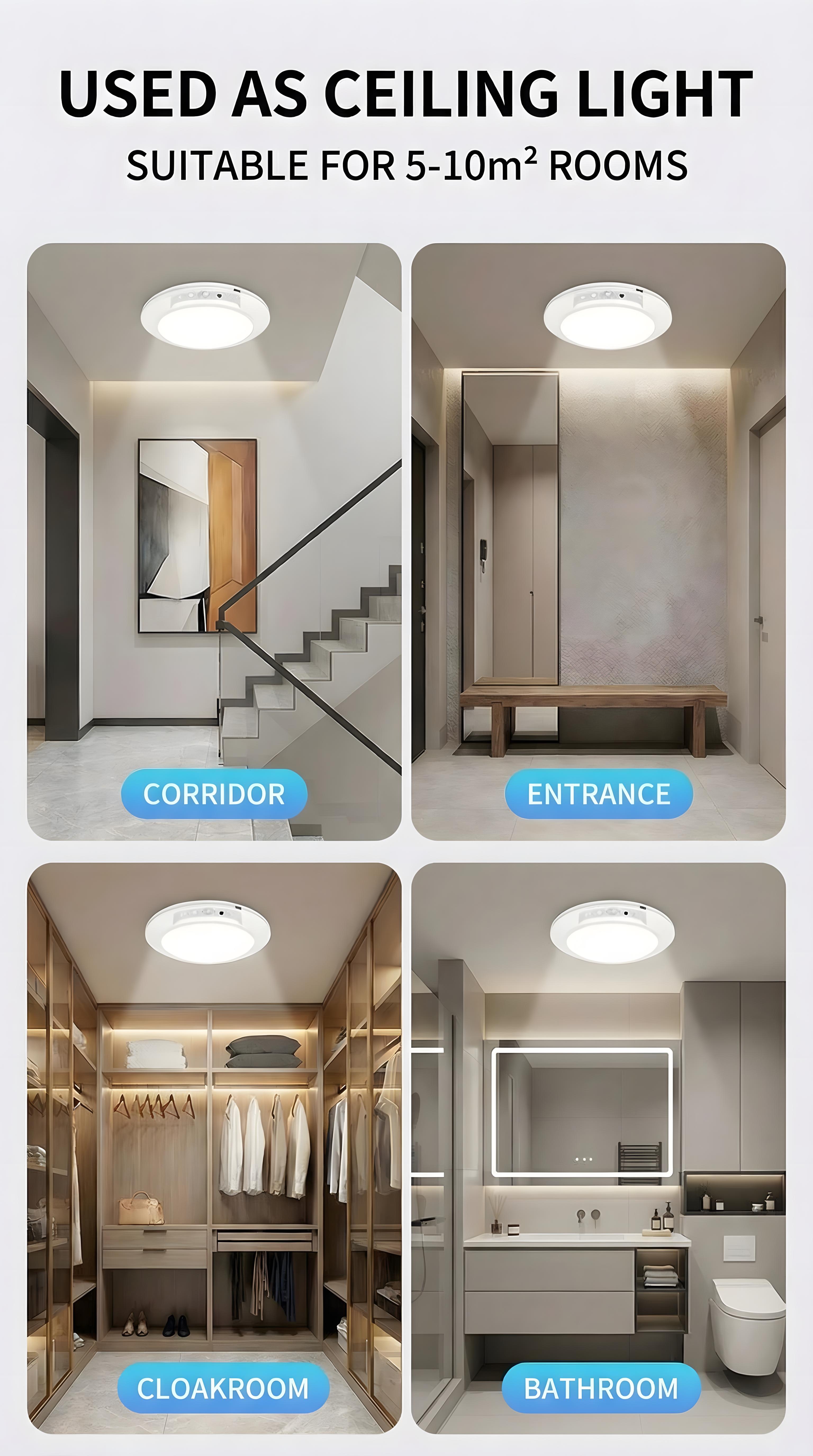 Rechargeable ceiling light with motion sensor and remote — magnetic wireless battery-operated LED light with three color modes for closet, pantry, shower, garage, hallway, and porch tiktokshopspringglowup Brightness Levels Easy Installation