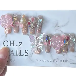 SIZE Small Y2K Press On Nails - big butterfly and flower Long Length with Diamond Accents, Easy Application & Removable Design for Everyday Wear Long Diamond nail sets