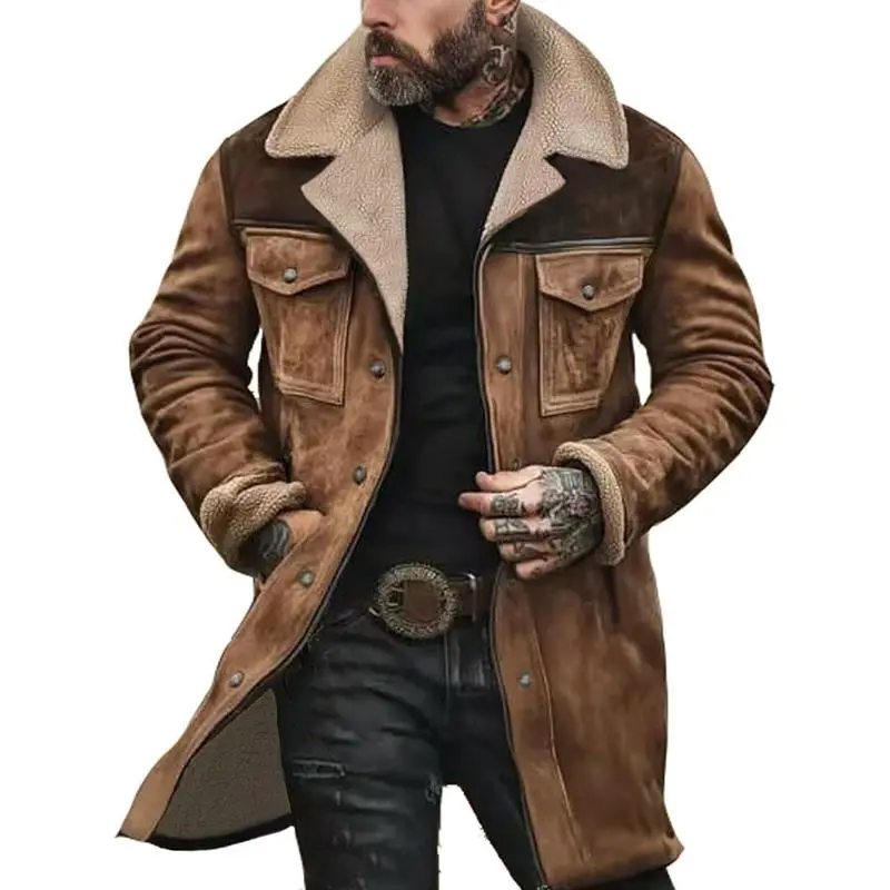 MensWesternCowboyJacketVintageSuedeJacketLongTrenchCoatsZipUpPlushCollarCowboyPeacoatRetroTopsCasualMenswear