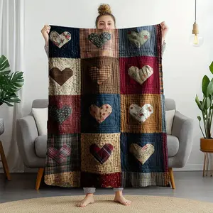 Vintage Heart Quilt Design Flannel Blanket - Warm & Soft All-Season Throw for Sofa, Bed, Car, Office, Camping & Travel - Cozy Gift in Mixed Colors, Sofa Throw, Patchwork Pattern, Multicolor Fabric