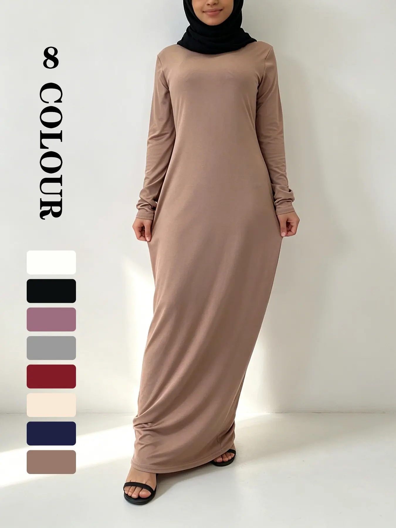 Muslim inner Dress, Islamic Clothing, Solid Long Sleeve Top, Versatile Abaya Companion, Hijabi Cute Dresses, Maxidresses, 8 Colors, 5 Sizes, Suitable for All Ages, Essential for Muslim Women