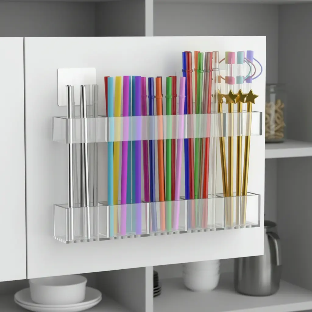 9.5 inch Large Acrylic Straw Organizer for Cabinet Doors is a reusable stick on storage holder with strong adhesive a space saving kitchen accessory for countertops and cupboards Clear,dorm essentials,home decor