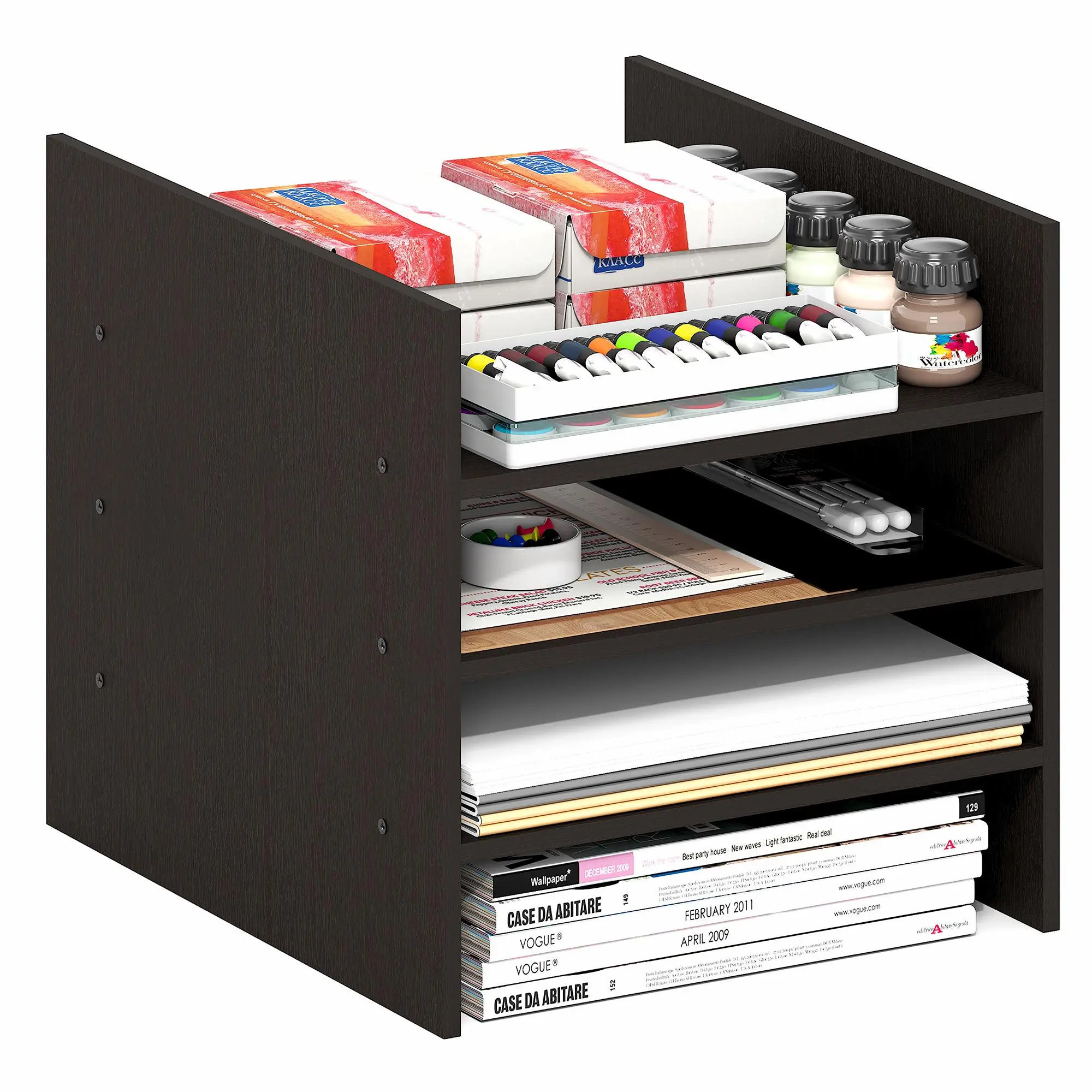 CUBICLE Cube Insert, 3-Shelf Cube Organizer, Fits into Triple Thick Cubes, Ikea Kallax, for Organizers and Storage, Dark Oak