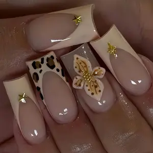 French Tip Press On Nails Medium Square Glossy Acrylic Nails 24Pcs with Gold Star Rhinestones Designs Leopard Print 3D Texture Flower Handmade Glue on Nails Reusable False Nails for Women