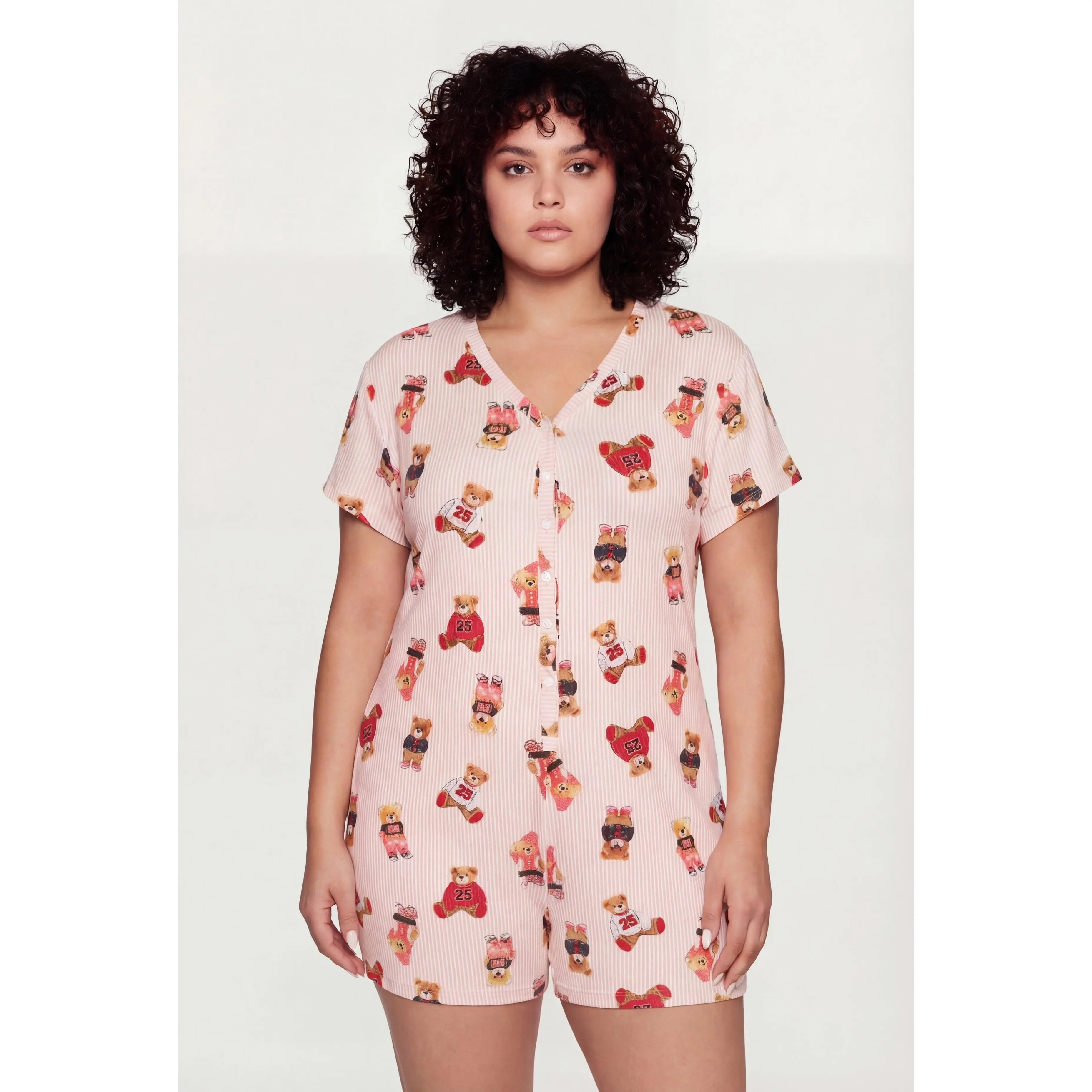 Plus Size Cute Striped Bear Print Pajama Romper