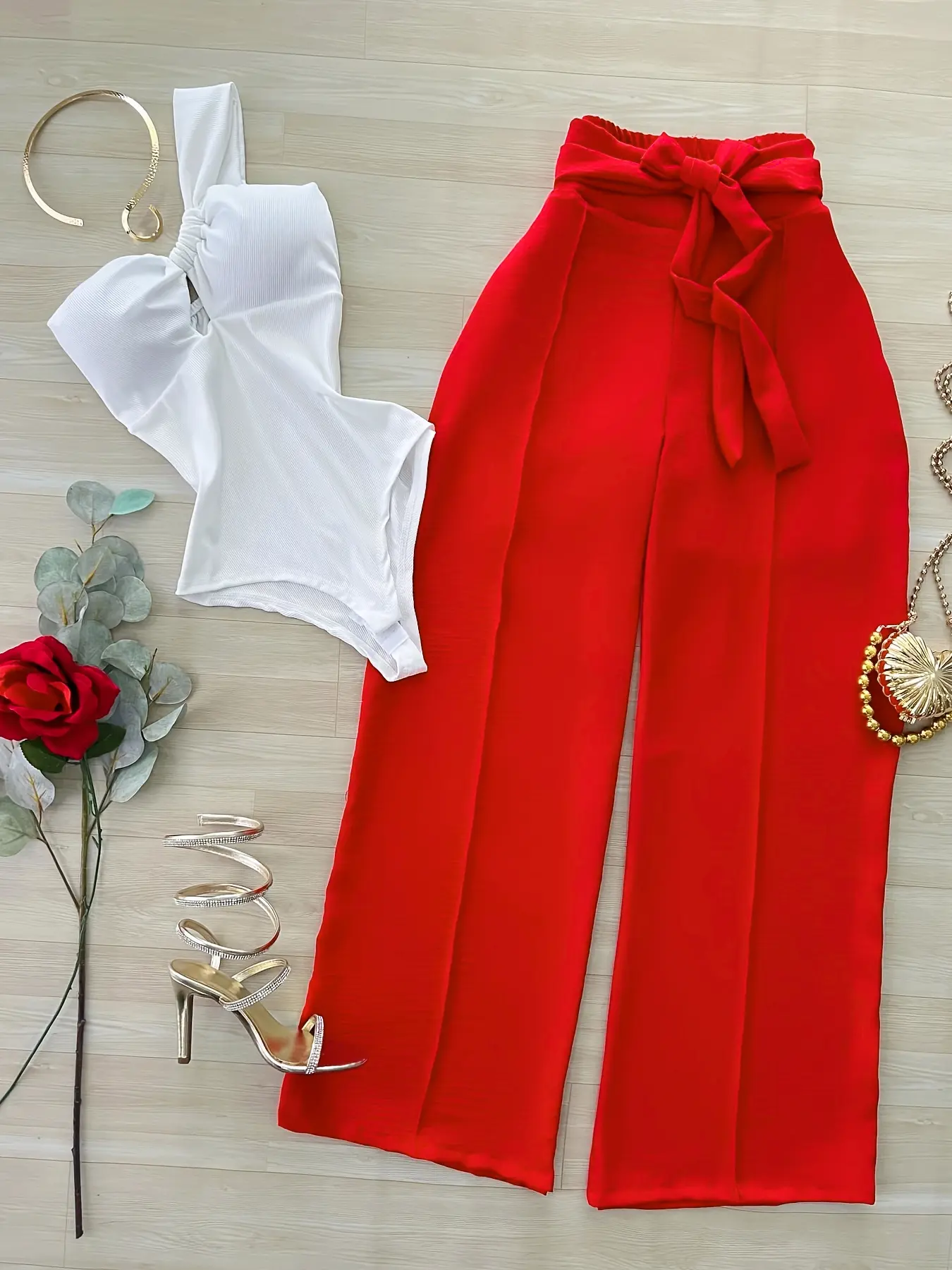 Elegant Feminine Fitted Jumpsuit + Flowy Wide Leg Pants Top Set, Sexy Vacation, Perfect for Summer, Stylish and Comfortable
