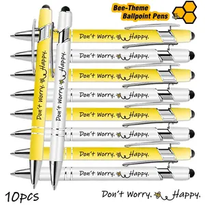 10 Pcs Bee Theme Ballpoint Pens Inspirational Quotes Don't Worry Happiness Like Bees Smooth Writing Metal Structure Medium Tip Retractable Ideal for School Office Gifts for Men Women Colleagues Ballpoint Pen Set