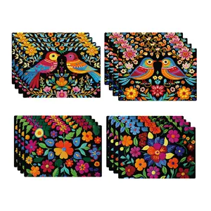 Mexican flower and bird theme, DIY diamond painting table mat/heat insulation mat set of four pieces | DIY leather table mat, suitable for home decoration and as a gift
