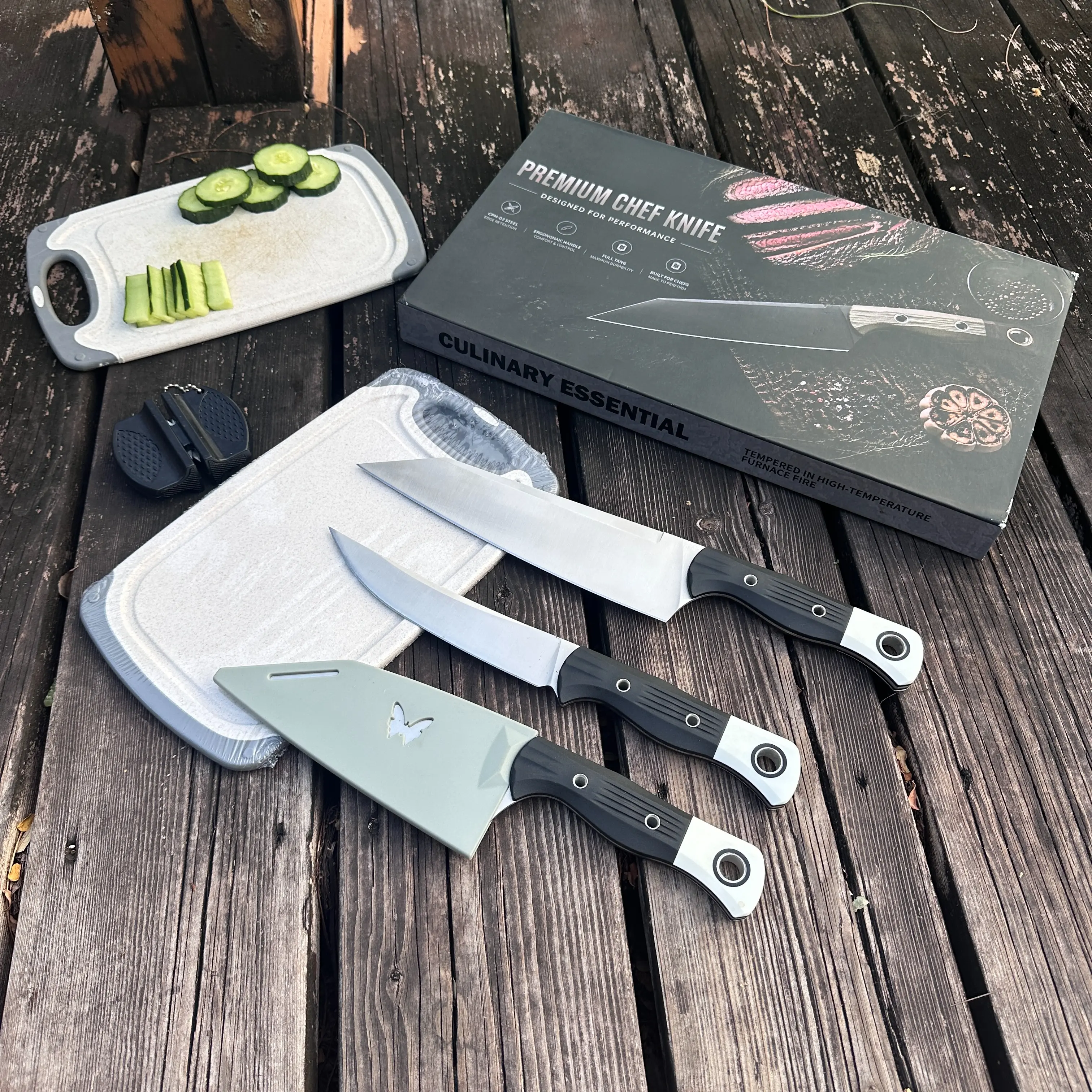 Premium 5-Piece Black-Handle Kitchen Set - Chef, Slicing, Boning Tools, Sharpener & Cutting Board - Versatile for Household Cooking, Outdoor Camping - Ideal Gift for Kitchen Enthusiasts