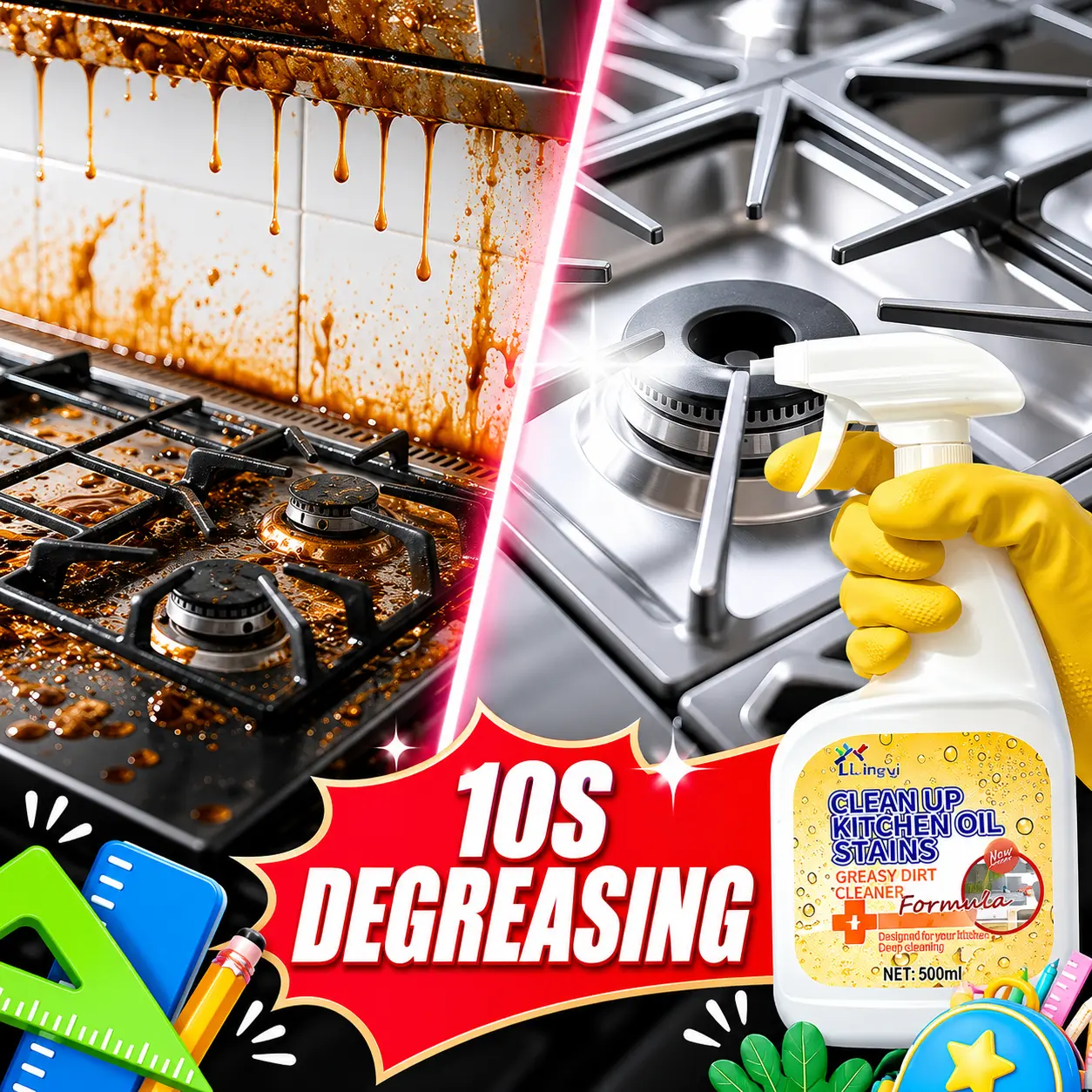 Liapu 500ml Kitchen Degreaser Spray, Multi-Purpose Grease Cleaner, Lemon Scent, Fast-Acting Oil & Grime Remover for Stovetops, Range Hoods, Countertops & Kitchen Appliances