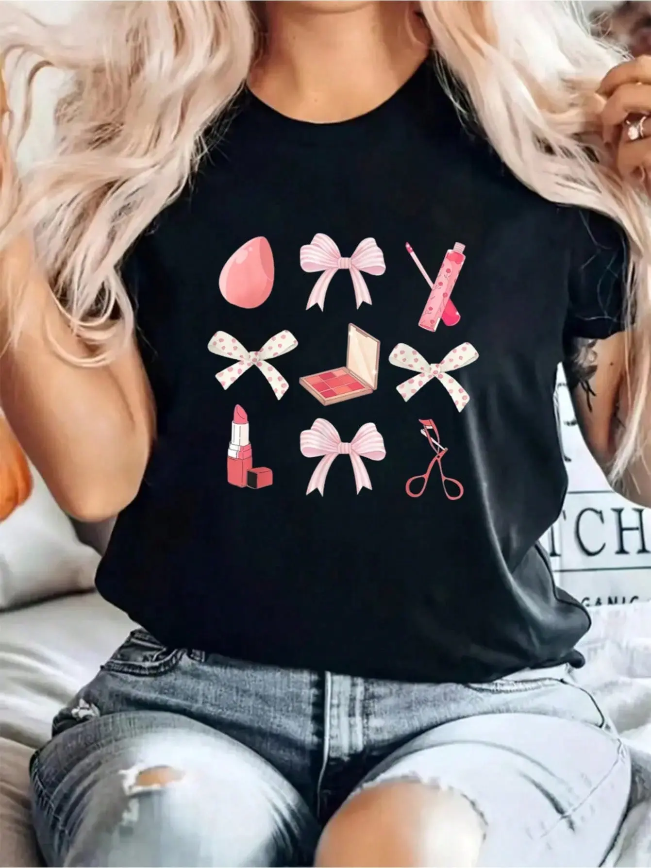 100% Cotton Coquette Cosmetician Makeup Artist Beautician For Graphic Print Solid T-Shirt, Women's Casual Short Sleeve Top For Spring & Summer, Women Graphic T-Shirts