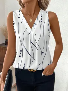 Women's Striped Print V Neck Blouse, Elegant Casual Sleeveless Top for Work Office Business, Ladies Clothes for All Seasons, Womenswear, Shirts