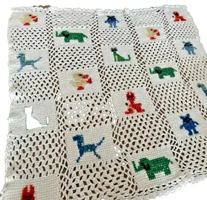 Vintage Hand Crochet Knit Afghan Throw Blanket Baby Animals