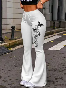 1 Piece, Casual Everyday Fashion Pants, Unique Fashion Item for Women with Vine and Butterfly Design, Drawstring, Adjustable, Casual Slight Flare Cuffs, Yoga Jogging Sports Pants Suitable for Street Wear and All Seasons, Womenswear