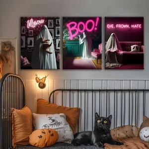 3 Counts Wooden Framed Canvas, Neon Ghost Funny Scene Posters, Halloween Home Poster, Halloween Party Decorations, Living Room And Bedroom Hanging Paintings, Horror Theme, Interesting Posters, Exquisite Gifts, High-Definition Art