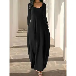 Women'sLongNightgown,CoffeeLeopardPrint,RoundNeckLongSleevePocketSleepwear,SoftComfortableAll-SeasonLoungewear