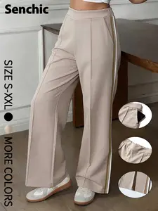 Women's Elastic Wide Leg Bottom Pants, Casual Striped Patchwork Jogger Trousers, Regular Fit Floor Length, Long Sleeve, All Seasons Womenswear
