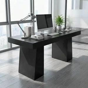55" Executive Desk, Black Mid-Century Modern Wood Desk with Double Trapezoid Pedestal for Home Office, Study & Conference Room