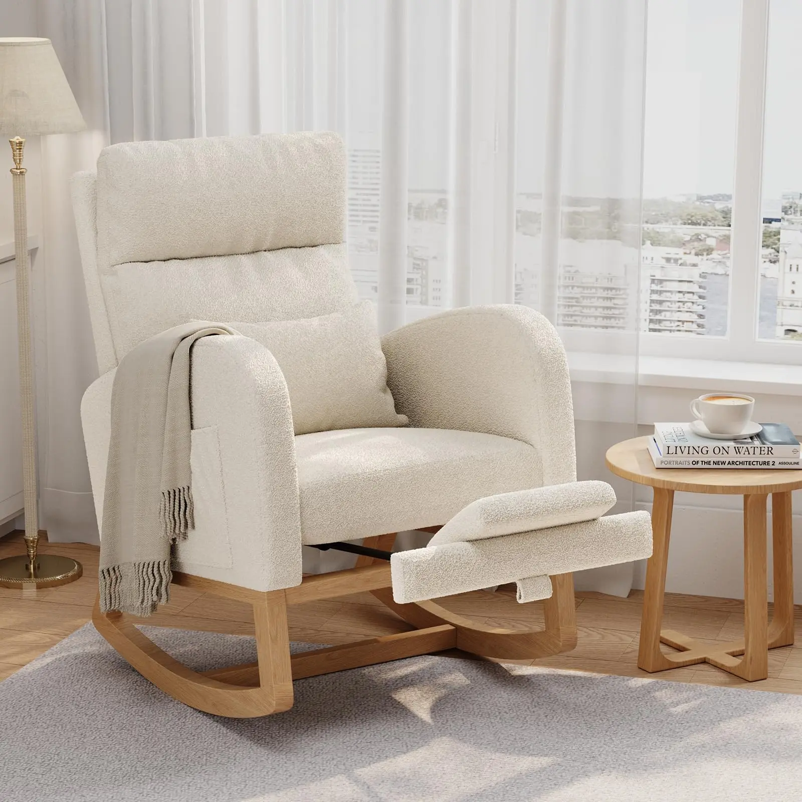 Modern Rocking Chair for Living Room, Bedroom & Nursery – High Back Soft Fleece Glider Armchair, Comfortable Seat with Pillow, Side Pockets, Supportive Nursing Chair – Lamb Fleece Upholstery  With Footrest, Living Room Decor, Furniture Living Room