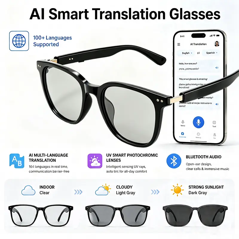 VUB smart glasses feature ultra-lightweight and slim temples, open-back earcups, support for audio and AI translation, photochromic lenses, and a spring-loaded hinge design, making them suitable for both men and women.