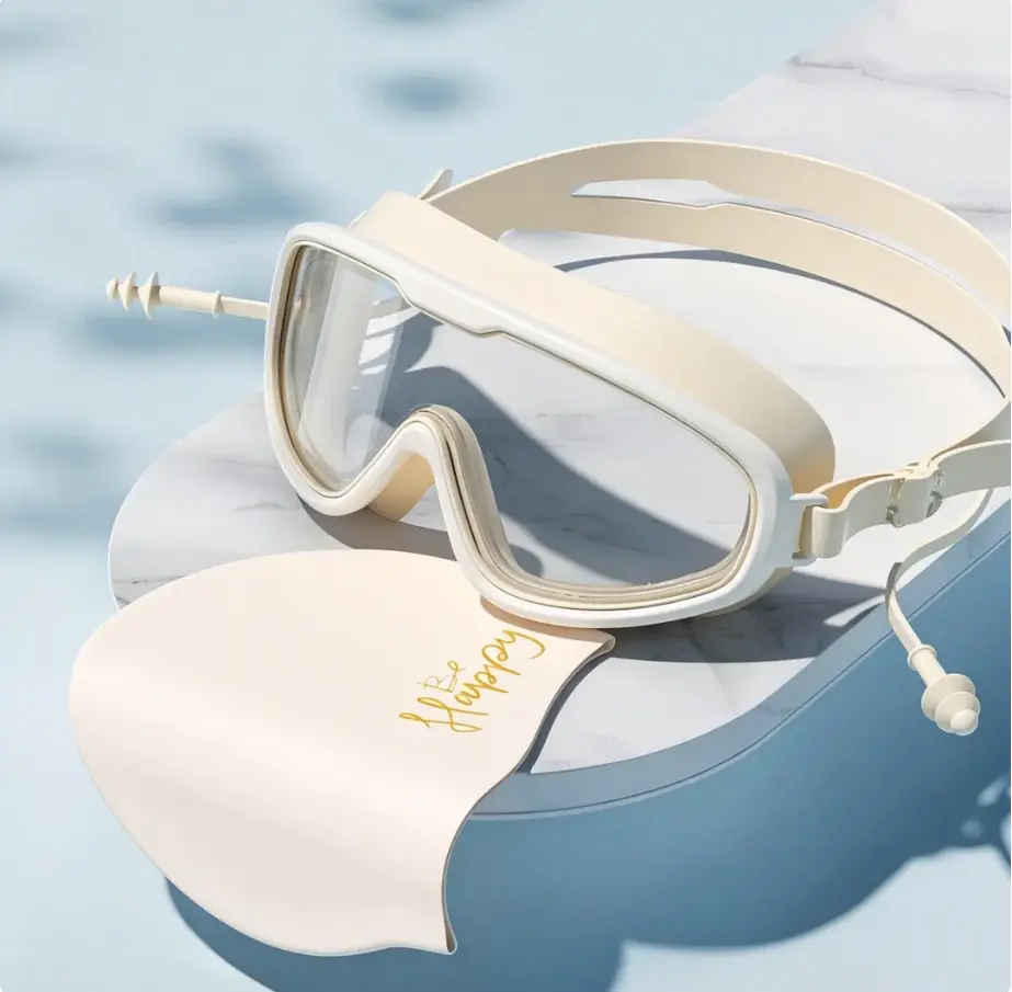 Large Frame Swimming Goggles with Integrated Earplugs Anti-Fog Leakproof Swim Eyewear and Silicone Cap Set