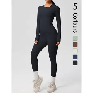 Women's Solid Long Sleeve Tee & Leggings Sportswear Set, Breathable Comfortable Sportswear Set for Yoga Gym Workout Running, Ladies Sportswear for Spring