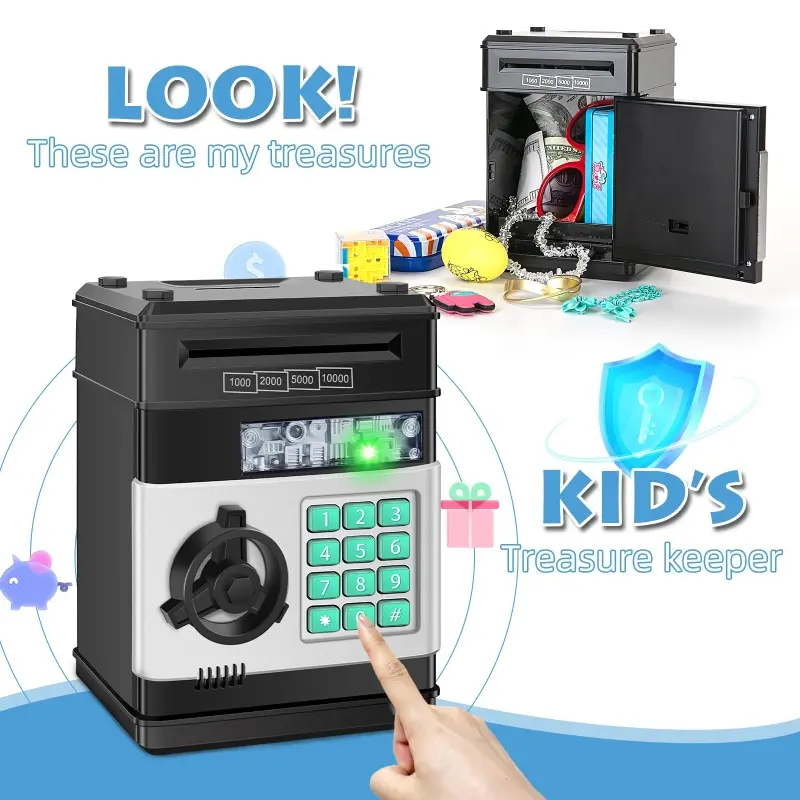 Unisex Kids' Plastic Smart Piggy Bank Saving Challenge Box - Mini ATM Machine with Digital Code Lock, Mechanical Lock, LED Light, Secure Storage, Sound Effects, Educational Math Toy, Top Christmas Gift