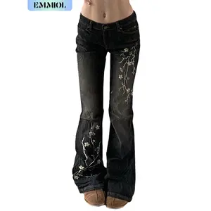 EMMIOL Women's Bell Bottom Jeans Stretchy Flare Mid Rise Embroidery Bell Bottom Vintage Denim Jeans 90s Outfits Y2k Clothes