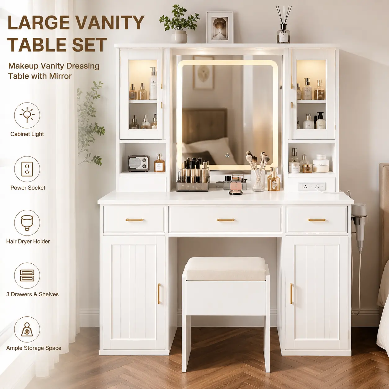Makeup Vanity Table Vanity Desk Dressing Table with Mirror, Large Vanity Set with 3 Drawers, Storage Shelves, Power Socket, Hair Dryer Holder and Cabinet Light, Bedroom Dresser Desk, Makeup Station for Bedroom