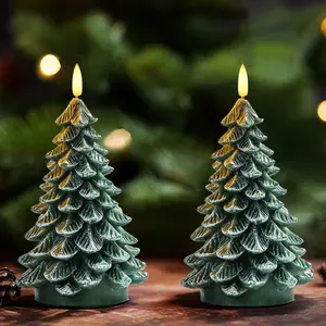 Christmas Tree Candles with 6 Hours Timer, 2 Pcs Waxy LED Flameless Candles Flickering, Green Electric Candles Battery Operated for New Year Celebration Holiday Decorations 8.5 Inches
