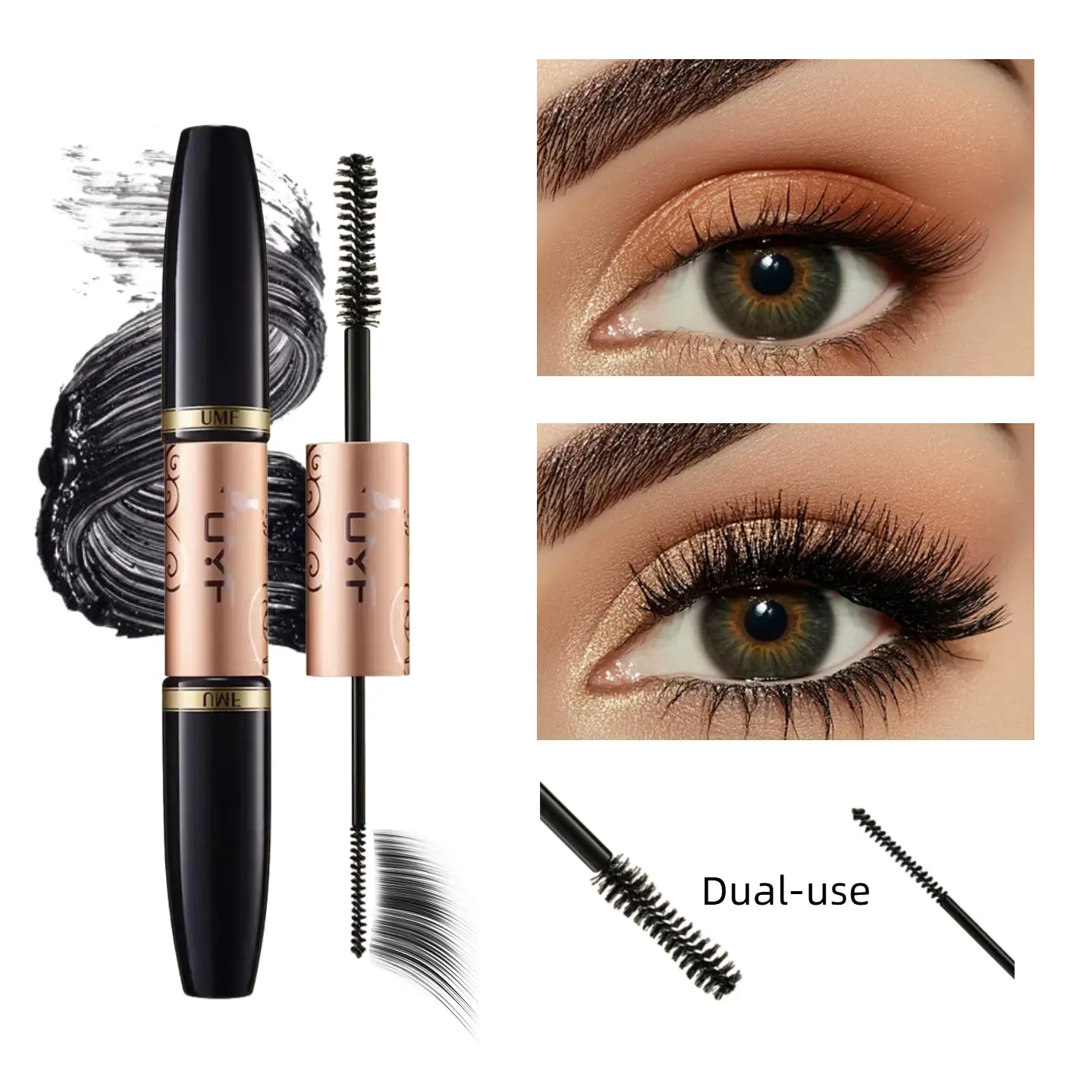 UMF Double Extend Tubing Mascara Set, 2Pcs Voluminous & Affordable Mascara with 2-Step Lengthening Formula, Smudgeproof, Waterproof, Blackest Black for Dramatic Lashes, Synthetic Lash Makeup