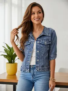 Women's Short Denim Jacket with Snap Button Pockets, short sleeve jean jacket women,short sleeve denim jacket,Summer Everyday Fashion Chic Casual Outerwear, Ladies Stylish Clothing Coats
