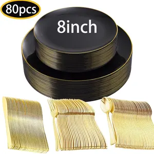 80 Piece and Gold Plastic Plates Set, Dining Plate Set, Heat Resistant Reusable Golden Edge Dinnerware, Includes Dessert Plates for Weddings Birthdays