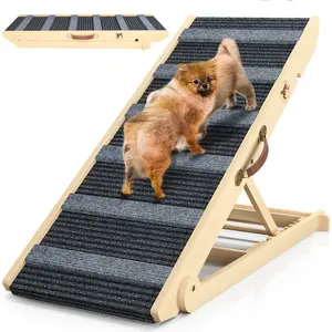 Aowos Dog Ramp for Bed, Dog Stairs, Folding Wooden Pet Ramp for Small Large Dogs Cats, 7 Adjustable Height from 10.8" to 26.6", Portable Stable Dog Pet Steps for Car Couch High Bed, Supports Up to 200lbs