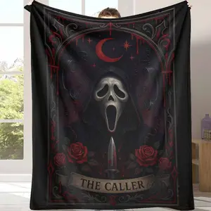 Caller Flannel Blanket Scream Mask Horror Print Soft Cozy Lightweight Halloween Decor for Movie Nights Spooky Season Unique Gift for Horror Fans Add Scary Ambience to Couch and Bedroom