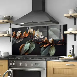GCKG Leafy branch with yellow petals amid lush forest Tempered Glass Kitchen Backsplash, Stove Back Cover, Stove Splashback, Cutting Board, Kitchen Wall Decor