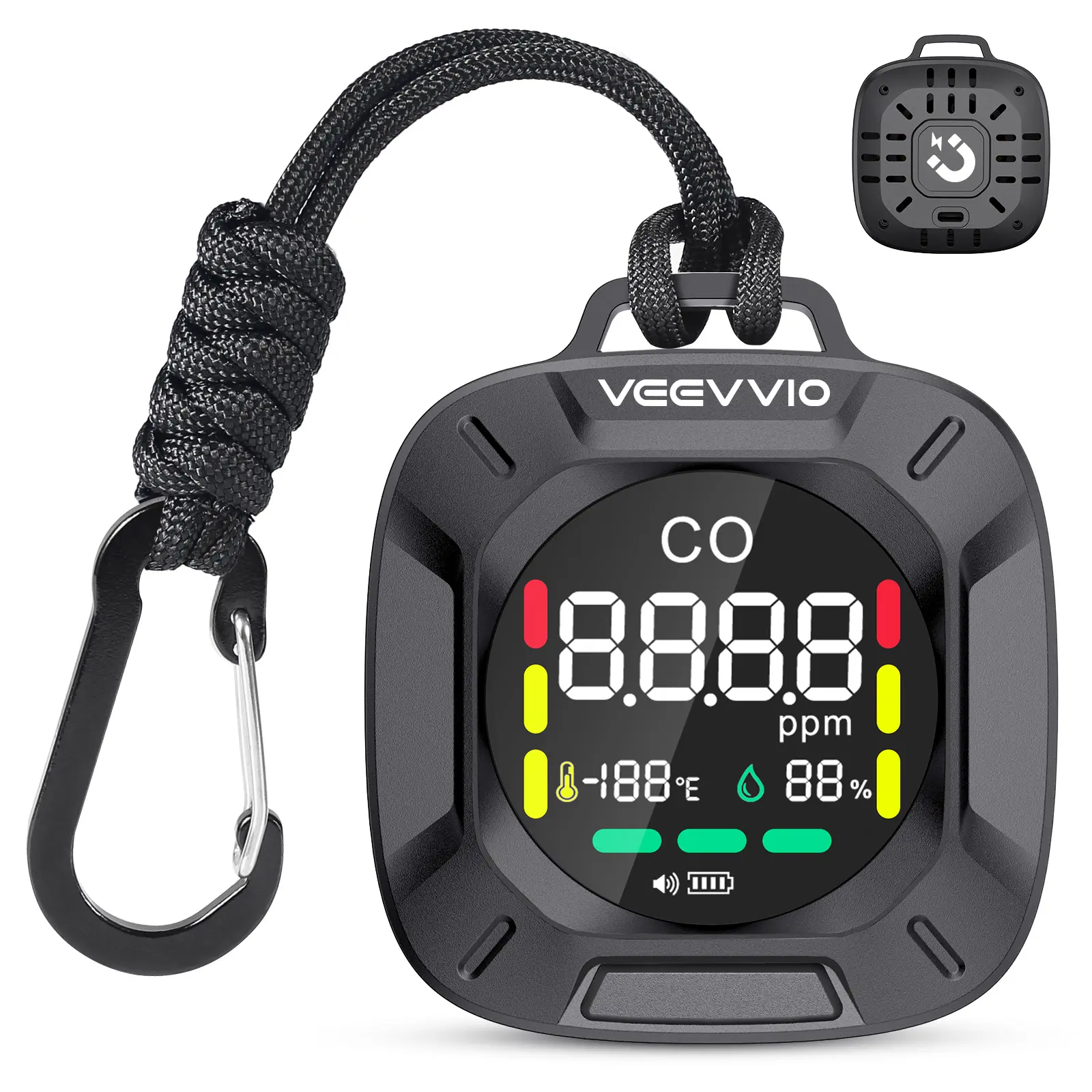 Portable Carbon Monoxide Detector for Travel, 3-in-1 Rechargeable CO Detector with Magnetic Suction, Custom Alarm Thresholds, 240H Standby, Temp/Hum Sensor, Mini CO Monitor for Hotel RV Camping Car