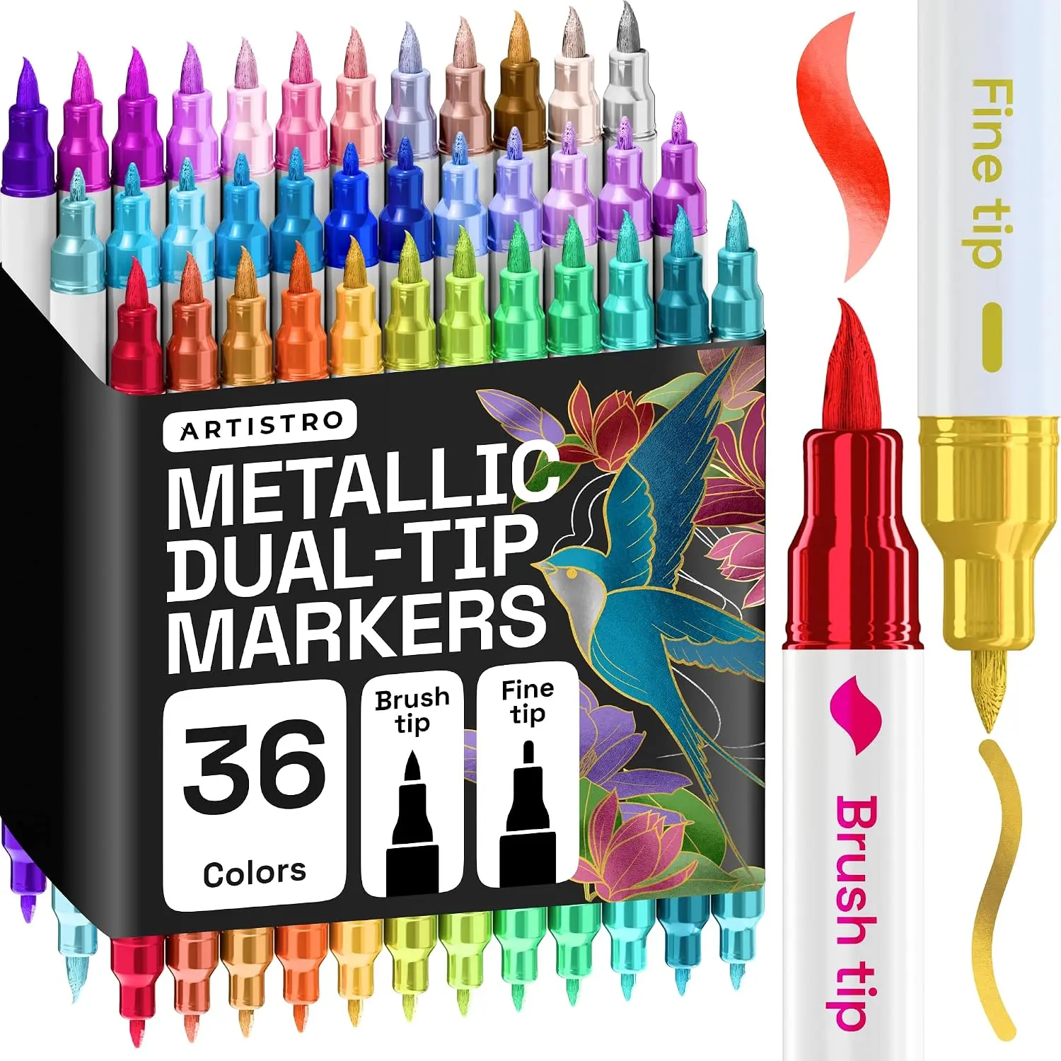 ARTISTRO Unisex Dual Tip Metallic Acrylic Paint Markers - 12 Count, 1-5 mm Chisel & Brush Tip, Easy-to-Hold Pens for Arts & Crafts, Ages 12+ (Fabric, Ceramic, Rock Use), Acrylic Markers, 1-5 Mm Brush Tip