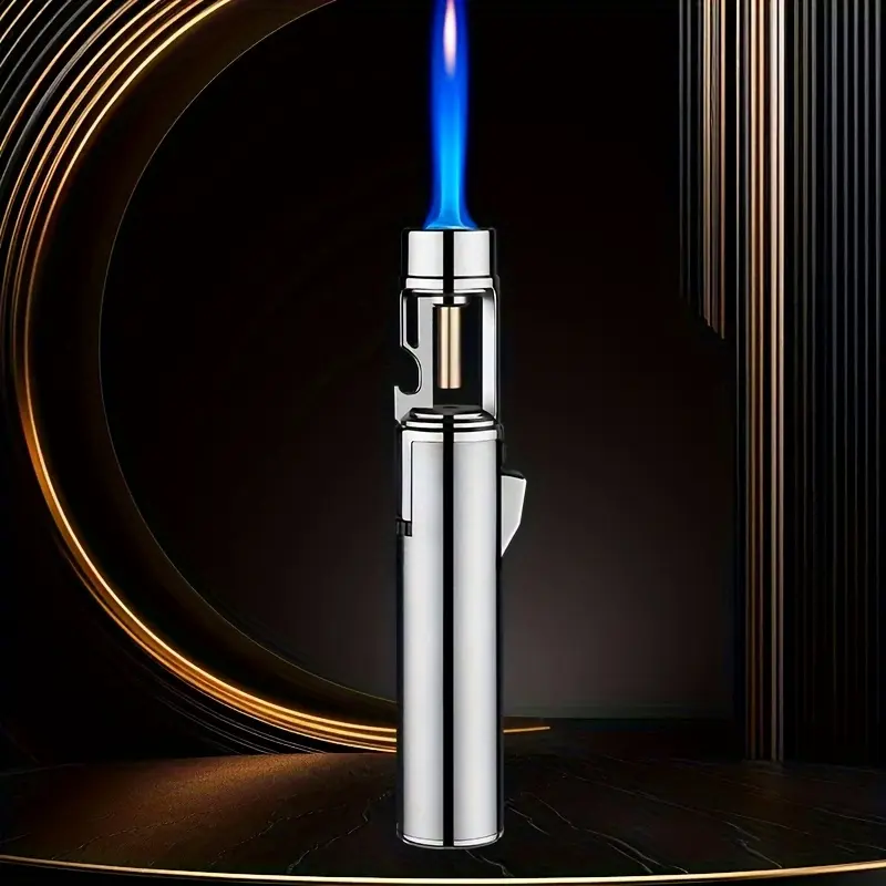(Butane Gas Not Included) Adjustable Lighter Set + Bottle Opener Two-in-One, Windproof Butane Lighter with Blue Flame, High Temperature up to 1300°C, Compact Design Suitable for Camping, BBQ and Outdoor Use